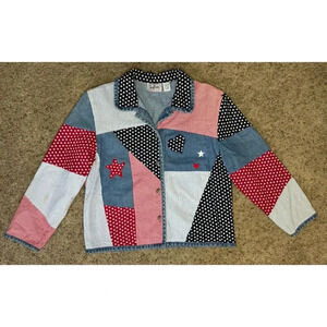 TANTRUMS Women's Denim Jean Jacket Patriotic Patchwork USA Flag Red Blue MEDIUM